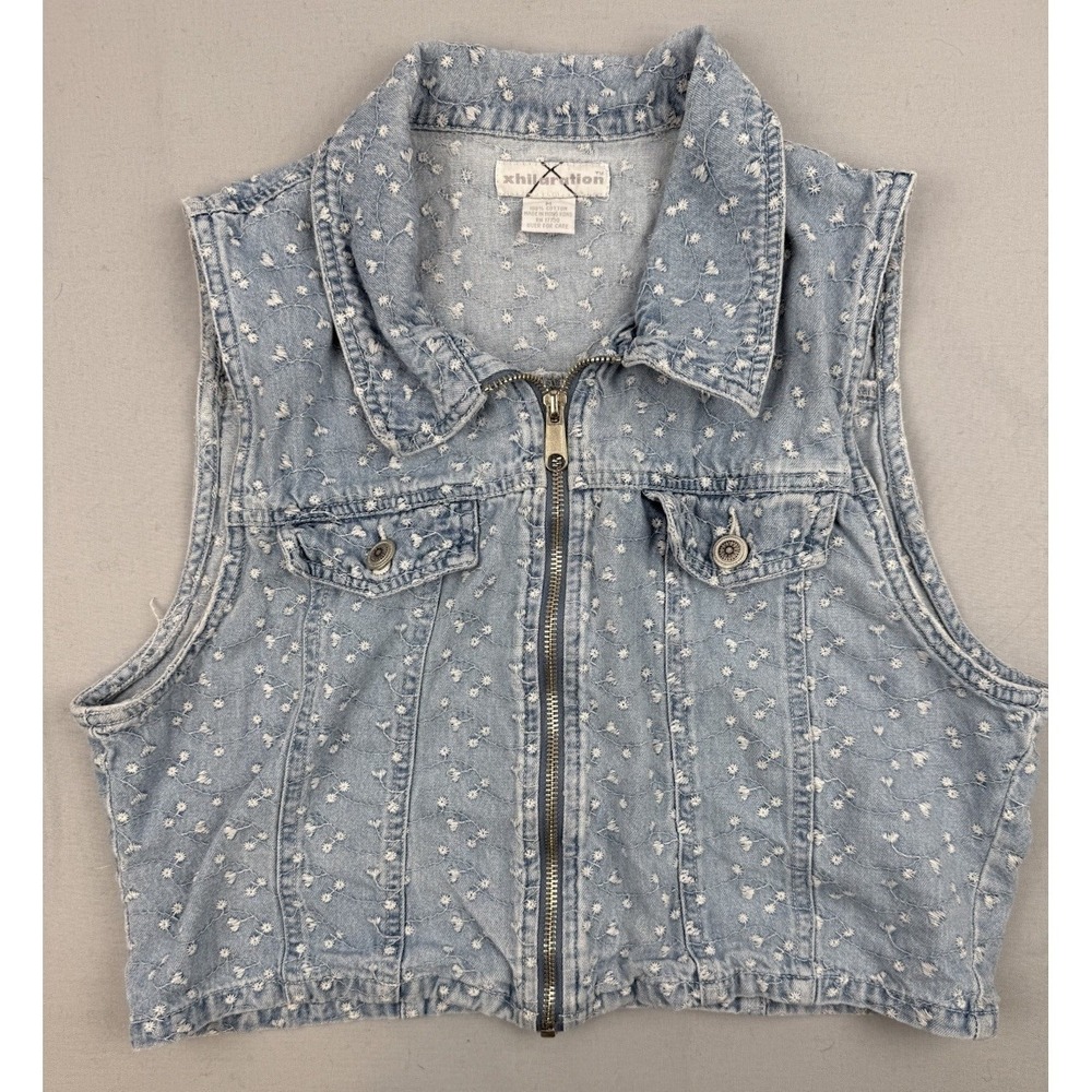 Cropped Embroidered Denim Vest Floral Zip Front Y2K Cottagecore Small